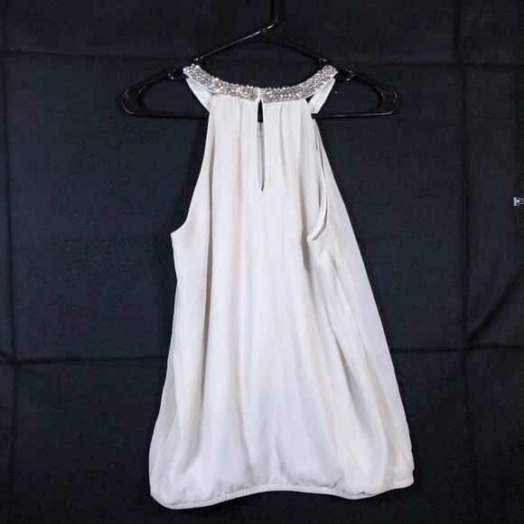 Express Womens Blouse Champagne Bejeweled High Neck Flowy Sleeveless Small - Picture 10 of 12